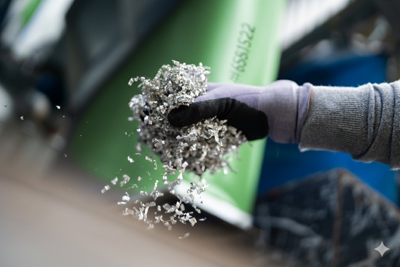 Eine behandschuhte Hand hält eine Handvoll glänzender Metallspäne über einem grünen Behälter.